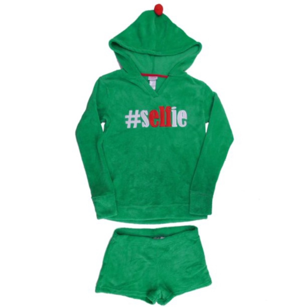 Secret Santa Womens Plush Green Selfie Pajamas Set